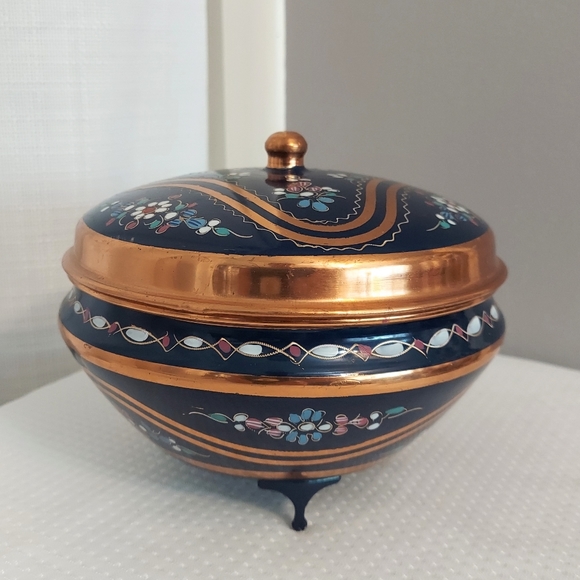Vintage Copper Container W Lid Enamel Metal Round Floral Turkey - Picture 4 of 10